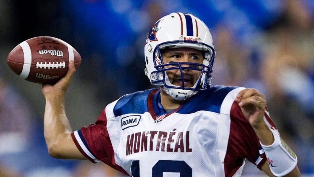 Montreal Alouettes quarterback Anthony Calvillo throws the ball against the Toronto Argonauts during first half CFL action in Toronto on Friday, October 29, 2010.