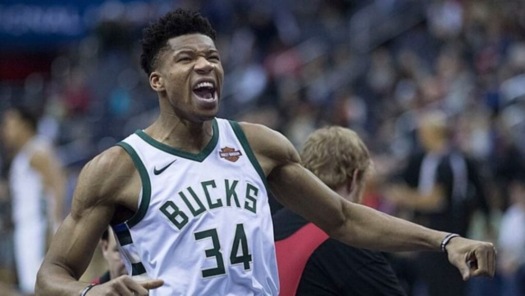 Giannis Antetokounmpo of the Milwaukee Bucks before the game against the Washington Wizards on January 15, 2018.