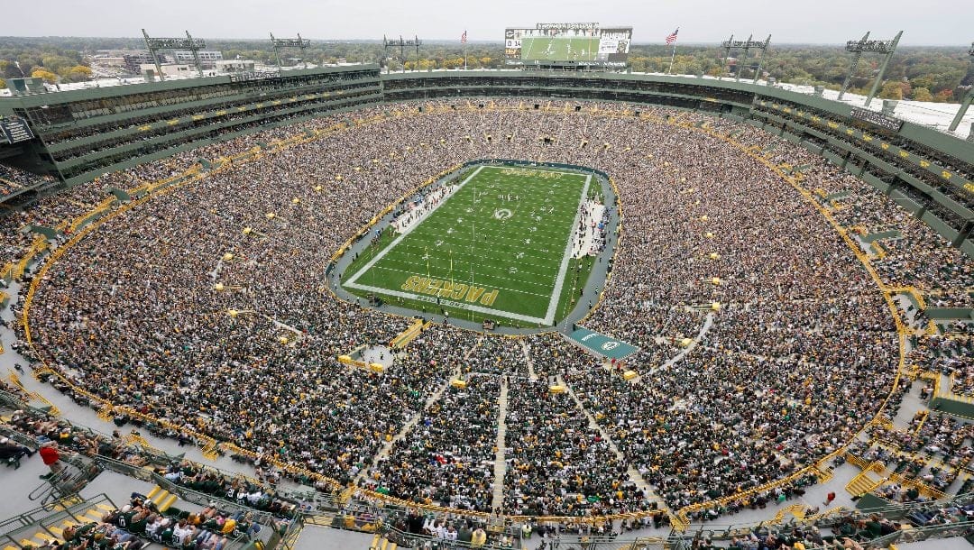 A general view of Lambeau Field during the first half of a NFL football game between the New Orleans Saints and Green Bay Packers Sunday, Sept. 24, 2023, in Green Bay, Wis.