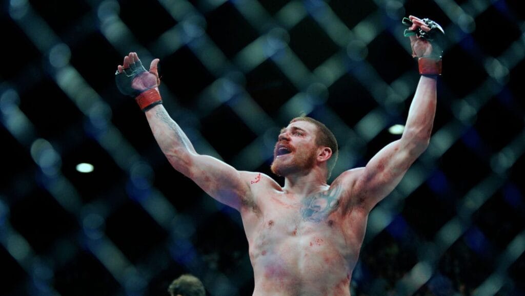 Jim Miller of Whippany, N.J. reacts after his bout with Joe Lauzon of Bridgewter, Mass. after their UFC 155 lightweight.