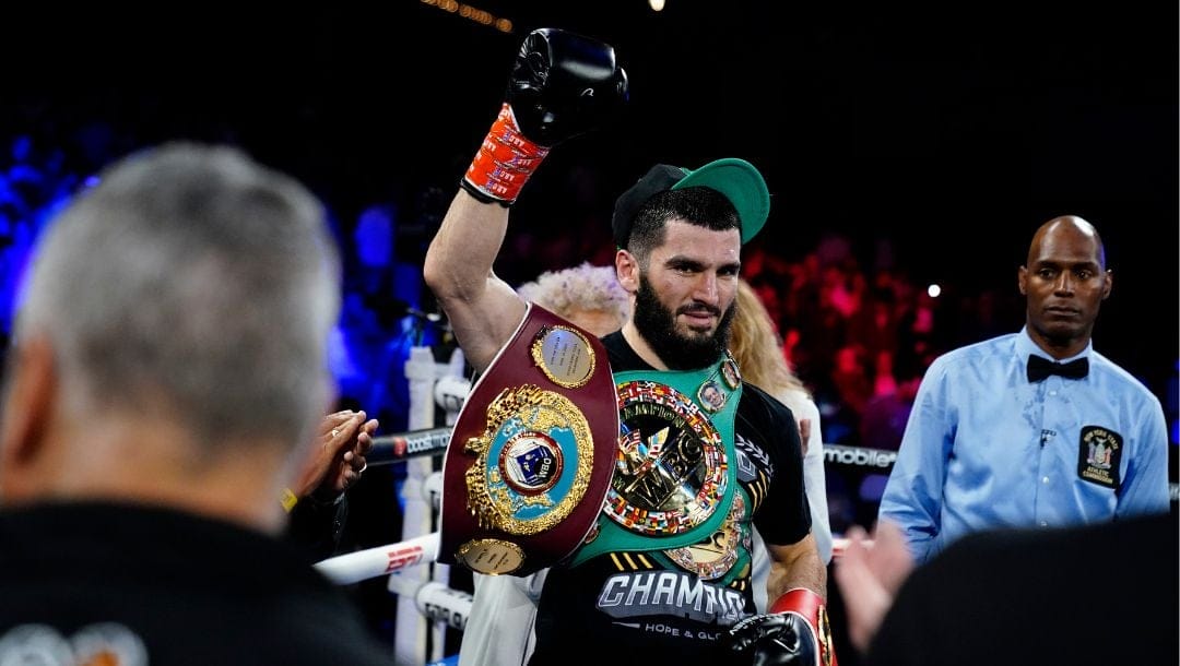 Artur Beterbiev gestures after defeating Joe Smith Jr. in a light heavyweight boxing bout Saturday, June 18, 2022, in New York.