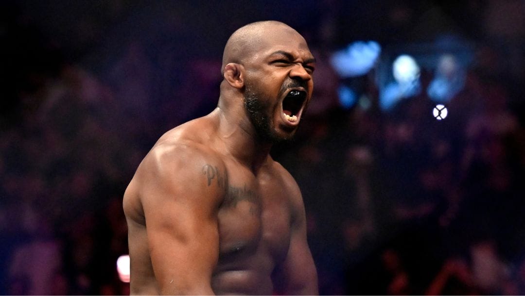 Jon Jones reacts after his victory over Ciryl Gane in a UFC 285 mixed martial arts heavyweight title bout Saturday, March 4, 2023.
