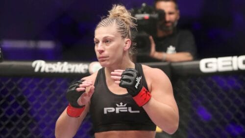 Kayla Harrison, right, in action against Larissa Pacheco during their regular season mixed martial arts bout at PFL 1.
