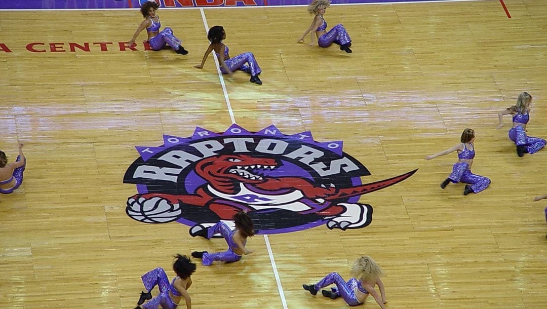 A photo of half-court of a Toronto Raptors game.