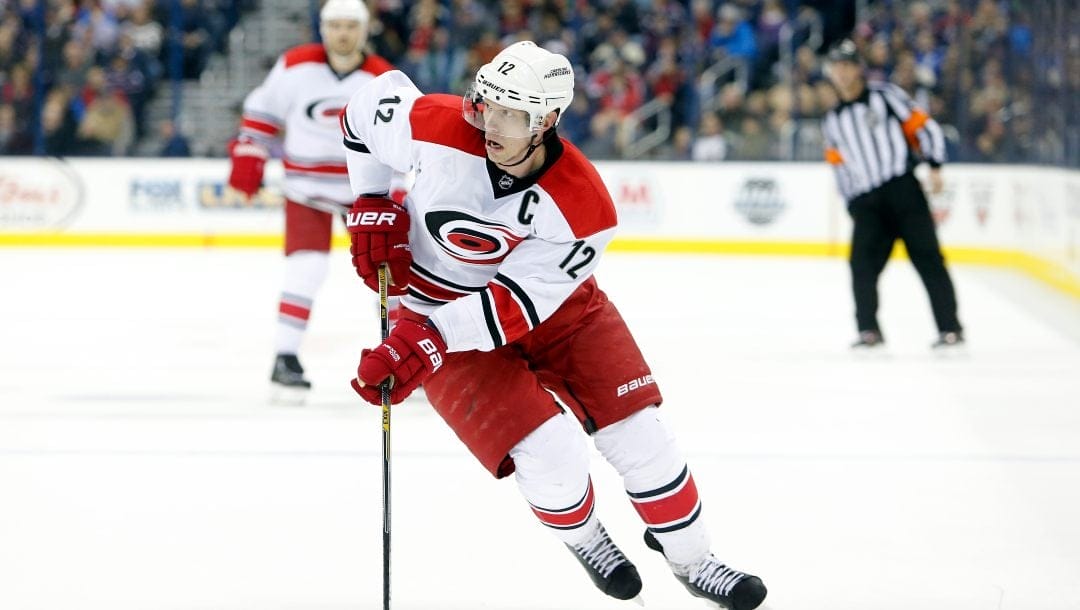 Carolina Hurricanes' Eric Staal plays against the Columbus Blue Jackets during an NHL hockey game Saturday, Jan. 9, 2016, in Columbus, Ohio.
