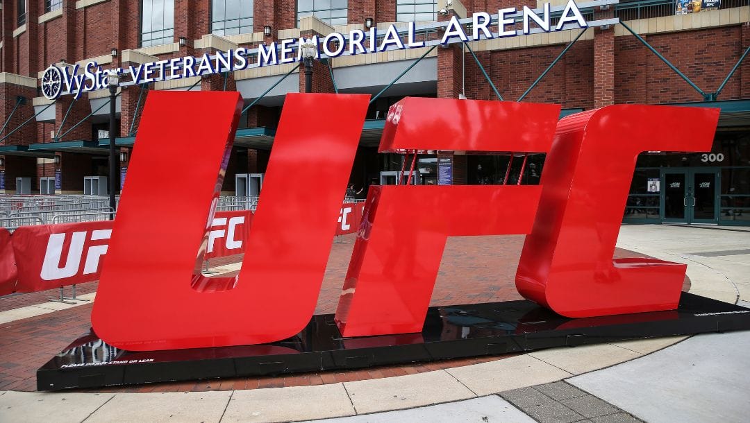UFC logo outside the arena during a UFC 261 Fan Experience before a mixed martial arts event, Saturday, April 24, 2021.