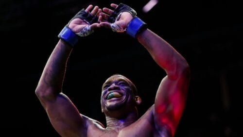 Brazil's Jailton Almeida, celebrates his victory over Russia's Shamil Abdurakhimov in their a heavyweight bout at the UFC 283.