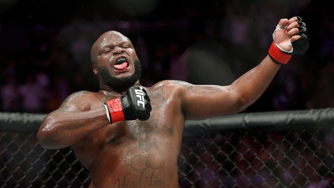 Derrick Lewis celebrates after defeating Alexander Volkov during a heavyweight mixed martial arts bout at UFC 229 in Las Vegas.