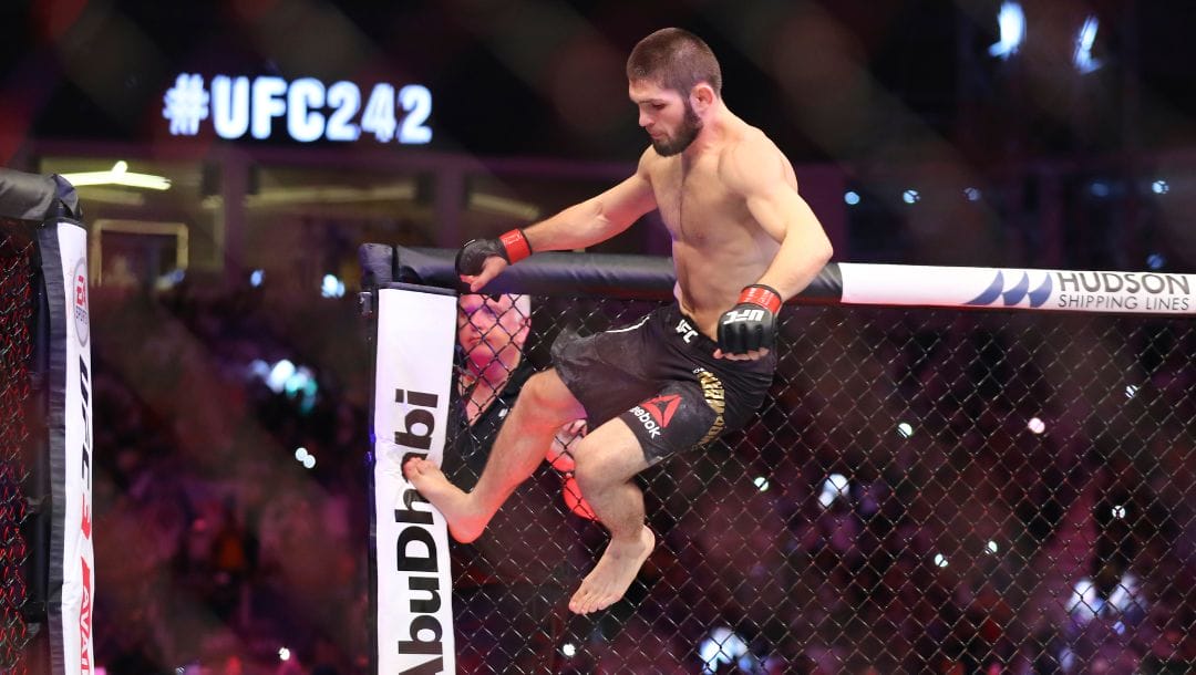 Russian UFC fighter Khabib Nurmagomedov, jumps during Lightweight title mixed martial arts bout at UFC 242.