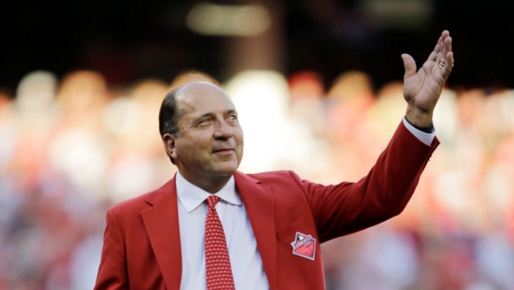 Johnny Bench is introduced as one of the Cincinnati Reds Franchise Four before the MLB All-Star baseball game.