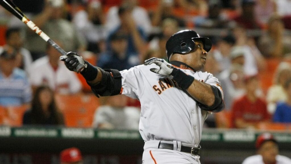 FILE - In a Sept. 1, 2007 file photo, San Francisco Giants' Barry Bonds flies out in the ninth inning to end the baseball game.