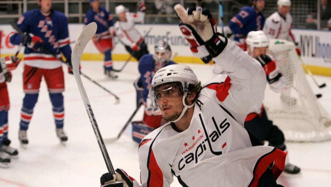Washington Capitals left wing Alexander Ovechkin celebrates after scoring during the first period of hockey action.
