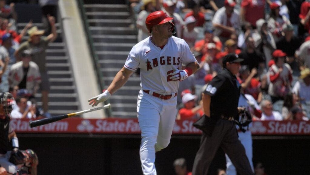 Los Angeles Angels' Mike Trout heads to first as after hitting a two-run home run during the first inning of a baseball game against the Arizona Diamondbacks Sunday, July 2, 2023, in Anaheim, Calif.