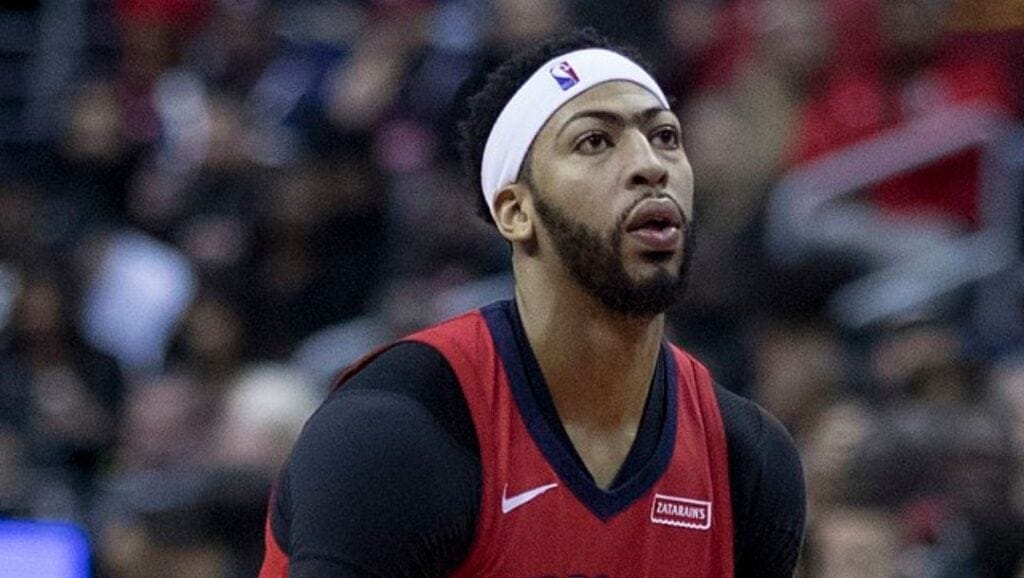 Anthony Davis of the New Orleans Pelicans attempts a free throw during a game against the Washington Wizards in December 2017.