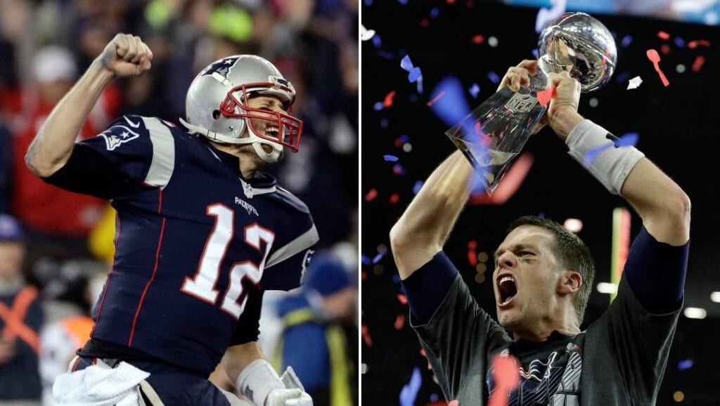 At left, in a Jan. 22, 2017, file photo, New England Patriots quarterback Tom Brady reacts after throwing a touchdown pass to Julian Edelman during the second half of the AFC championship NFL football game against the Pittsburgh Steelers, in Foxborough, Mass. At right, in a Feb. 5, 2017, file photo, New England Patriots' Tom Brady hoists the Vince Lombardi Trophy after the NFL Super Bowl 51 football game against the Atlanta Falcons, in Houston.