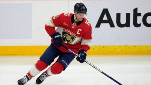 Florida Panthers center Aleksander Barkov warms up before the start of an NHL hockey game against the Vancouver Canucks, Saturday, Oct. 21, 2023, in Sunrise, Fla.