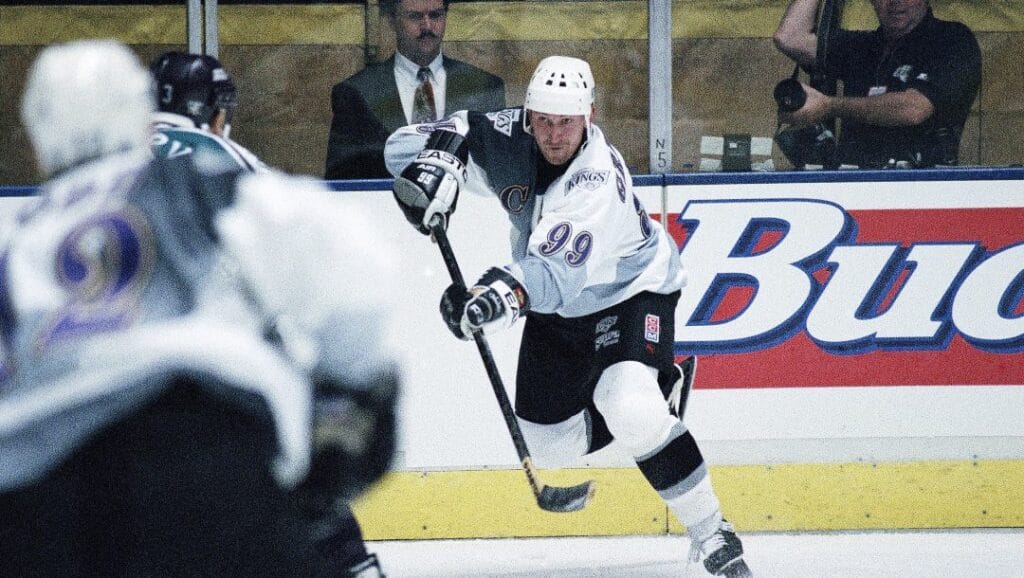 Los Angeles Kings Wayne Gretzky skates in NHL action on Saturday, Jan. 27, 1996 at the Forum in Inglewood, California.