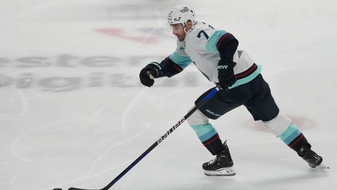 Seattle Kraken right wing Jordan Eberle (7) during an NHL hockey game against the San Jose Sharksin San Jose, Calif., Tuesday, Jan. 30, 2024.