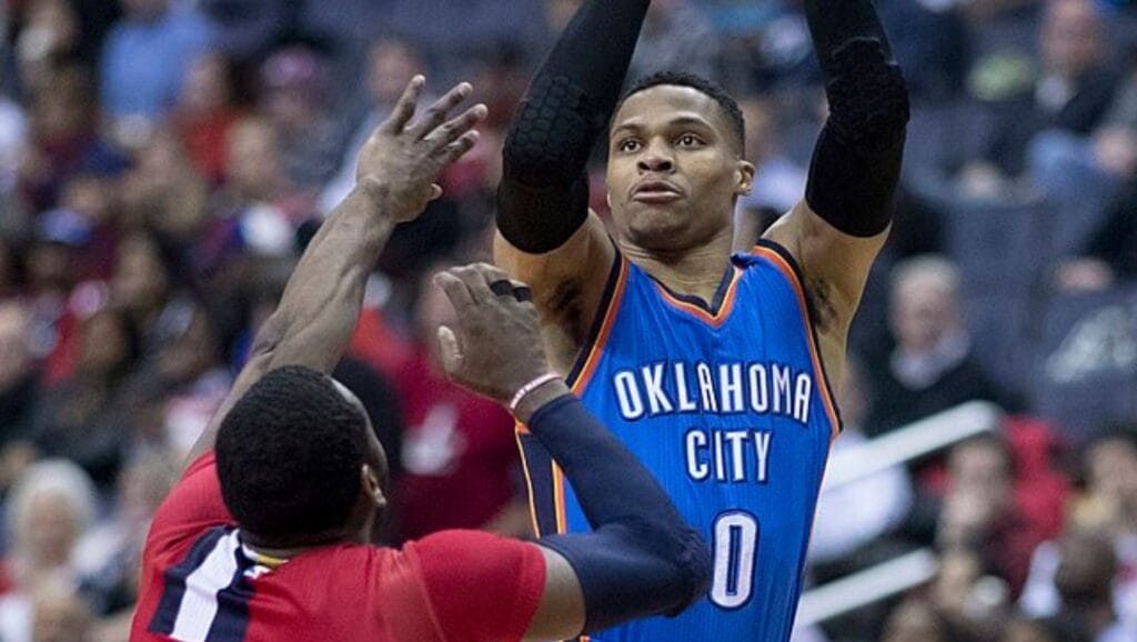 Russell Westbrook of the Oklahoma City Thunder shoots over Washington Wizards’ John Wall during a game in February 2017.