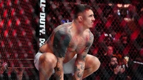 England's Tom Aspinall waits for the start of a heavyweight title bout against Russia's Sergei Pavlovich at the UFC 295.