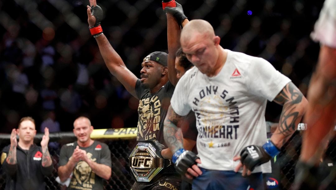 Jon Jones celebrates after his win against Anthony Smith in a light heavyweight mixed martial arts title bout at UFC 235.