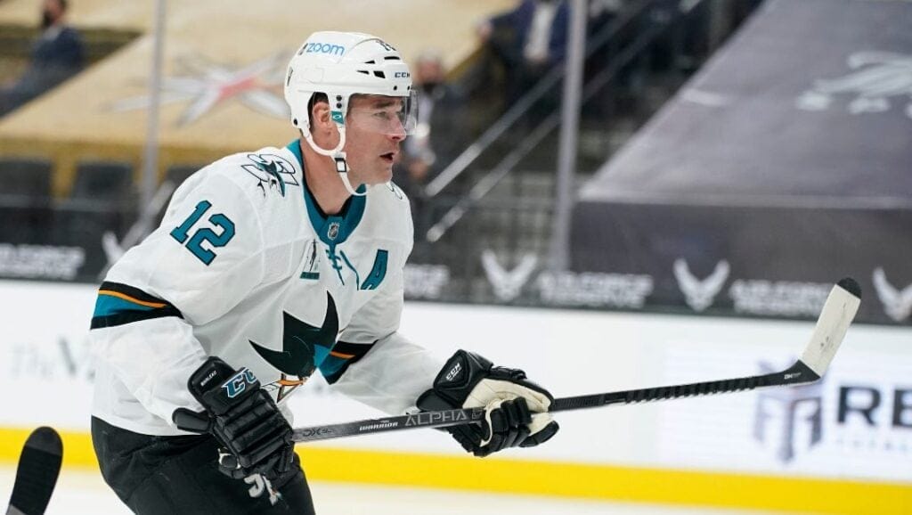 San Jose Sharks center Patrick Marleau (12) plays against the Vegas Golden Knights during the first period of an NHL hockey game Monday, April 19, 2021, in Las Vegas.