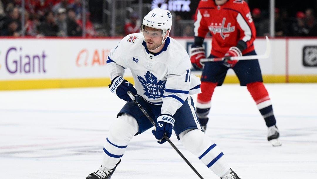 Toronto Maple Leafs center Max Domi (11) in action during the second period of an NHL hockey game against the Washington Capitals, Tuesday, Oct. 24, 2023, in Washington.