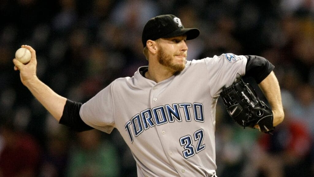 In this Sept. 10, 2008, file photo, Toronto Blue Jays starting pitcher Roy Halladay delivers during the first inning of their baseball game against the Chicago White Sox, in Chicago.