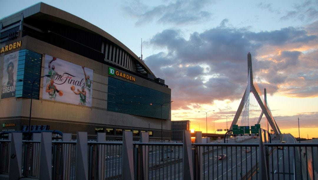 TD Garden and Zakim bridge in the shot, with the sun setting in the background