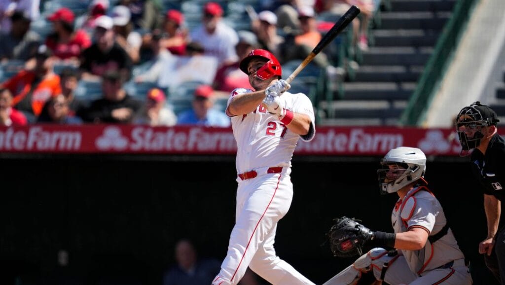 Los Angeles Angels designated hitter Mike Trout hits a home run during the sixth inning of a baseball game against the Baltimore Orioles in Anaheim, Calif., Wednesday, April 24, 2024.