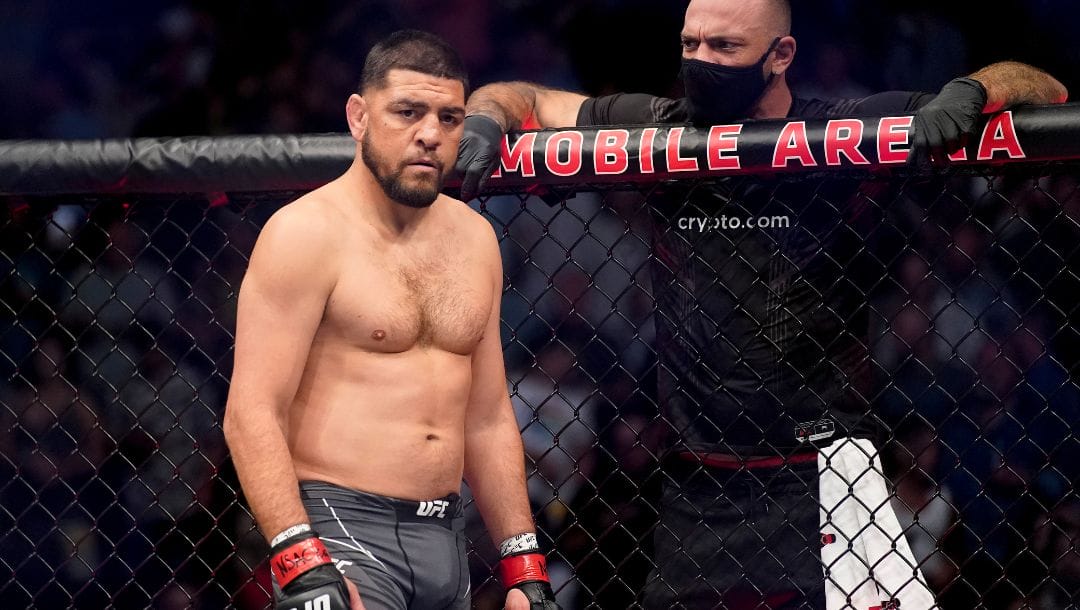 Nick Diaz prepares to fight against Robbie Lawler during a middleweight mixed martial arts bout at UFC 266, Saturday.