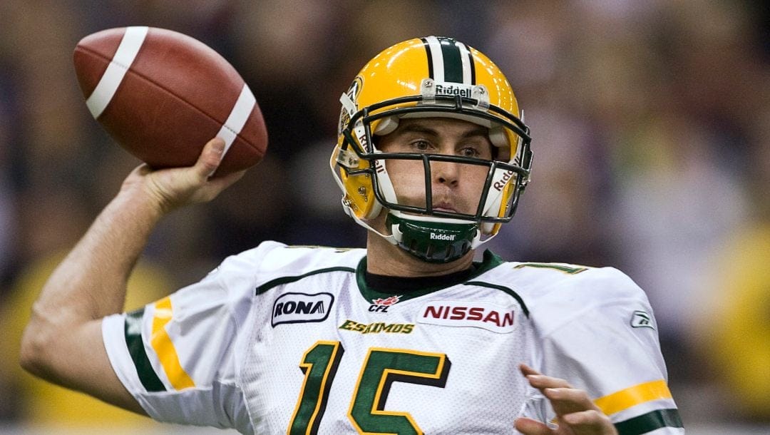 Edmonton Eskimos quarterback Ricky Ray fires a pass against the Montreal Alouettes during first quarter CFL Eastern Conference final Saturday, Nov. 15, 2008 in Montreal. The Alouettes beat the Eskimos 36-26 to move on to the Grey Cup final.