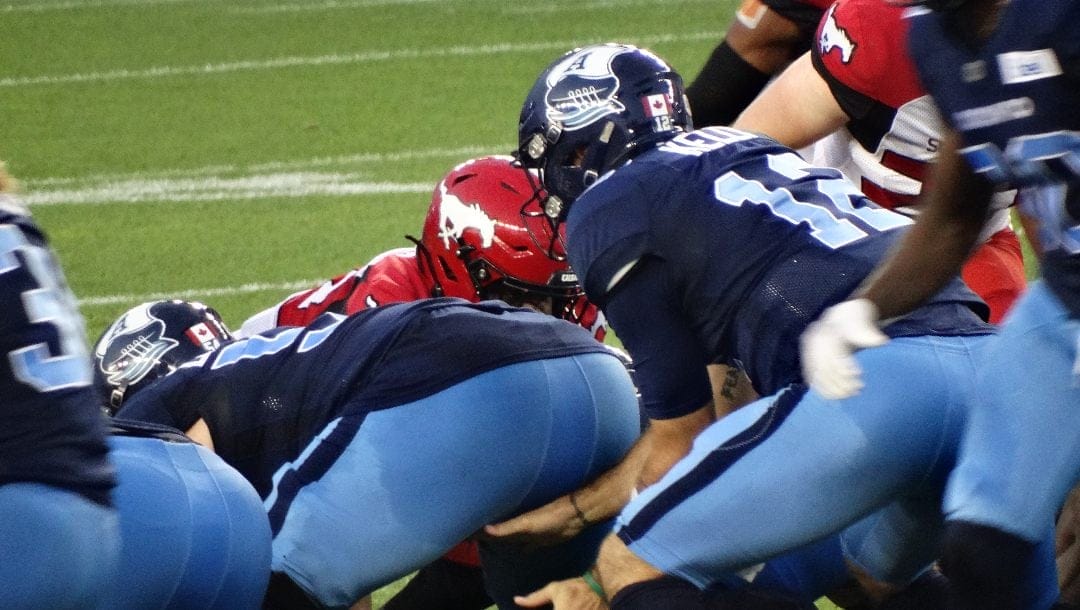 The Calgary Stampeders play the Toronto Argonauts at BMO Field in 2022.