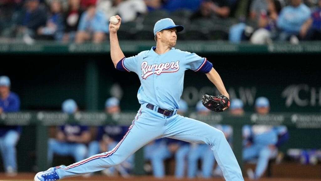 Texas Rangers starting pitcher Jacob deGrom (48) delivers a pitch to the Oakland Athletics during the first inning of a baseball game, Sunday, April 23, 2023, in Arlington, Texas.