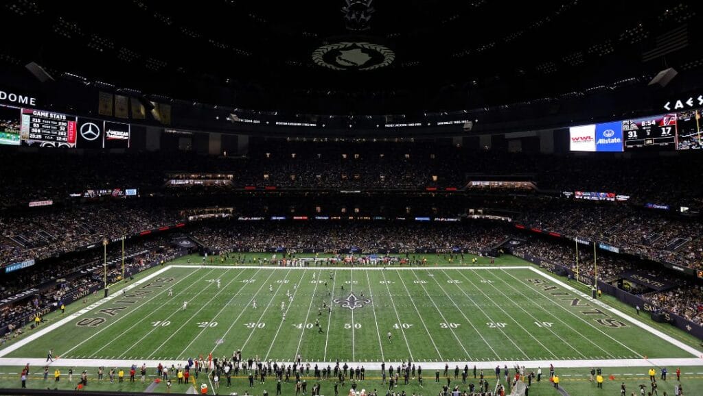 An interior elevated overall general view of the field from the 50 yard line of Caesars Superdome during an NFL football game between the New Orleans Saints and the Atlanta Falcons, Sunday, Jan. 7, 2024, in New Orleans.