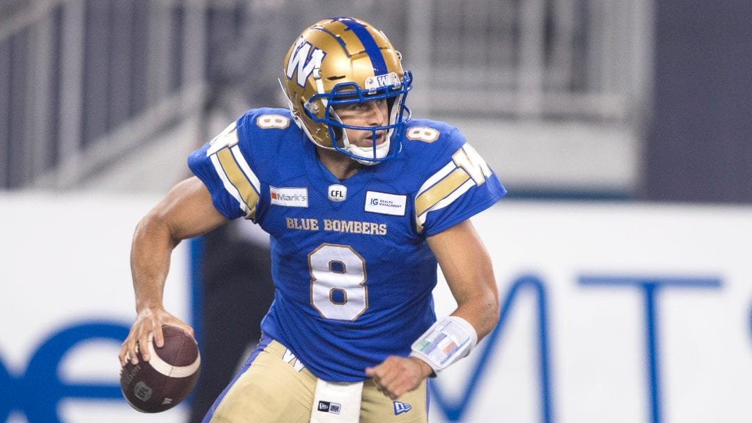 Winnipeg Blue Bombers qb Zach Collaros during a CFL football game, Thursday, Aug. 5, 2021, in Winnipeg, Manitoba, Canada.