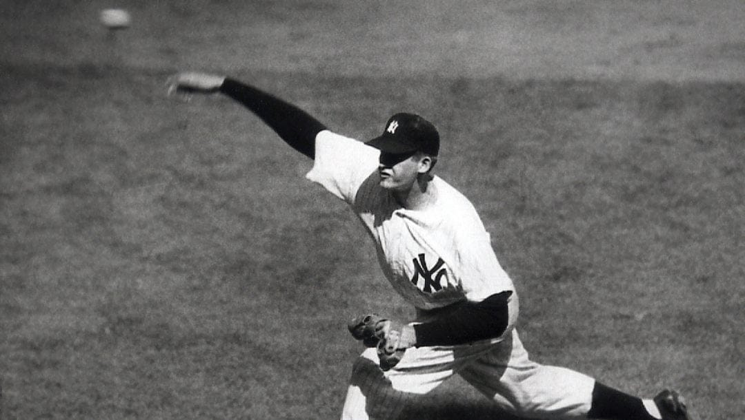 New York Yankees right-hander Don Larsen delivers a pitch in the fourth inning of Game 5 of the World Series Oct. 8, 1956 en route to the first World Series perfect game. The Yankees won 2-0 and went on to win the series.