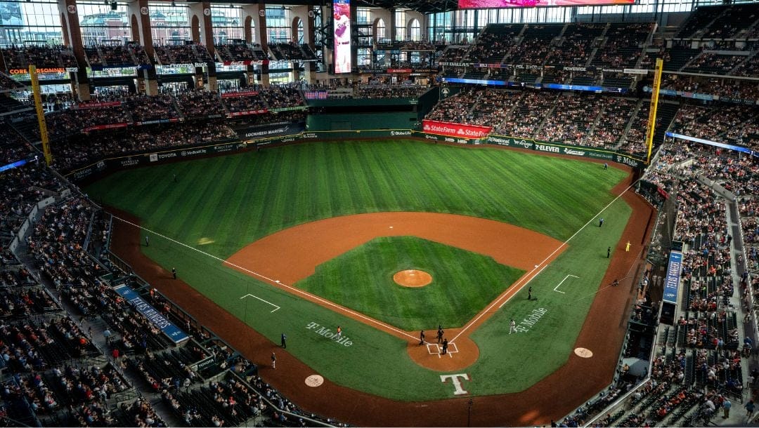 An overall view of Globe Life Field is shown before a baseball game between the Texas Rangers and the Baltimore Orioles.