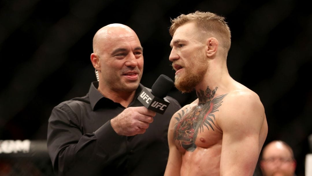 Conor McGregor, of Ireland, is interviewed by Joe Rogan after defeating Denis Siver at UFC Fight Night, Sunday, Jan. 18, 2015.