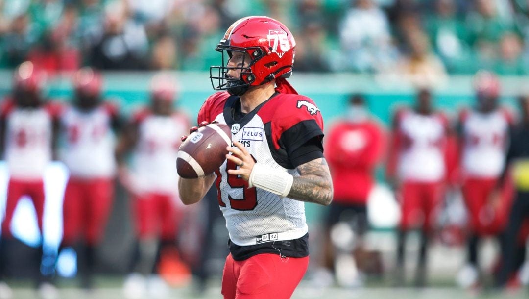 Calgary Stampeders Quarterback Bo Levi Mitchell during a CFL football game against the Saskatchewan Roughriders, Sauturday, Oct. 9, 2021, in Regina, Saskatchewan, Canada.