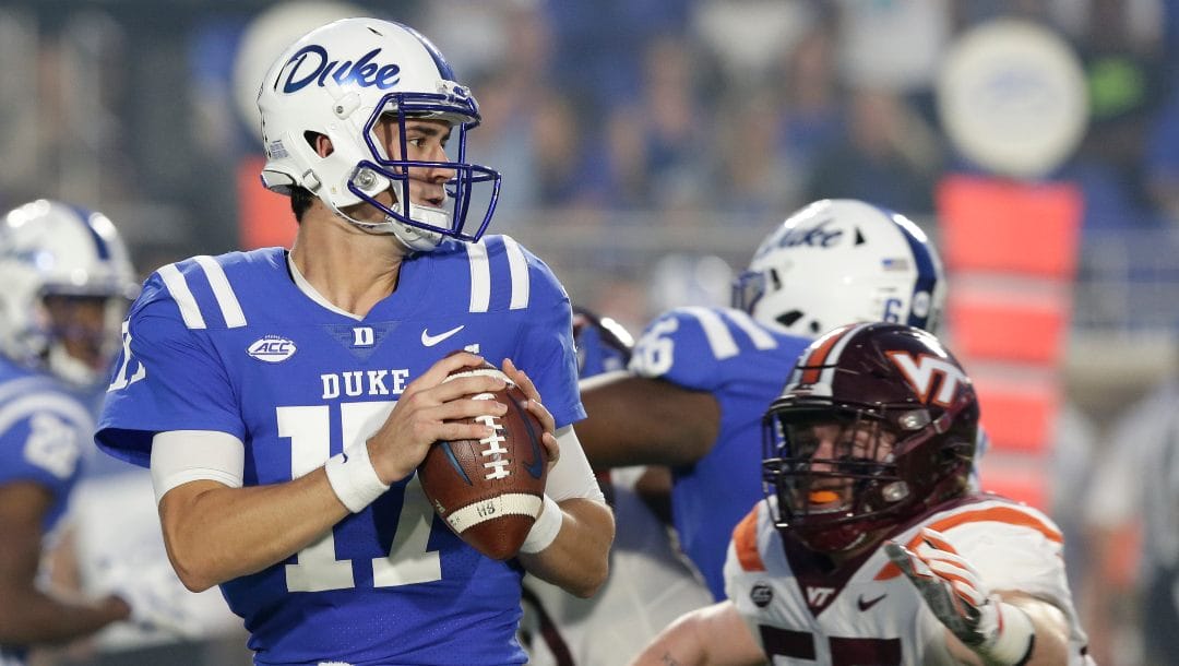 Duke quarterback Daniel Jones (17) passes against Virginia Tech during the first half of an NCAA college football game in Durham, N.C., Saturday, Sept. 29, 2018.