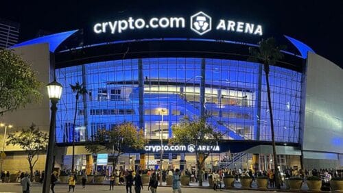 Exterior of Crypto.com Arena in 2023 with permanent signage.
