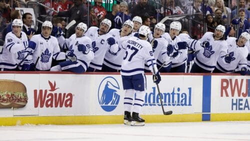 Toronto Maple Leafs left wing Max Pacioretty (67) celebrates with teammates after scoring a goal during the first period of an NHL hockey game against the New Jersey Devils Thursday, Oct. 10, 2024, in Newark, N.J.