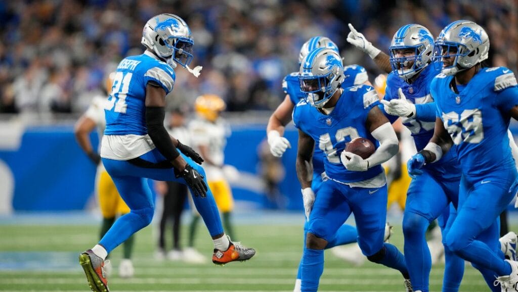 Detroit Lions safety Kerby Joseph (31) reacts after linebacker David Long Jr. (43) recovers a fumble during an NFL football game, Friday, Dec. 6, 2024, in Detroit.