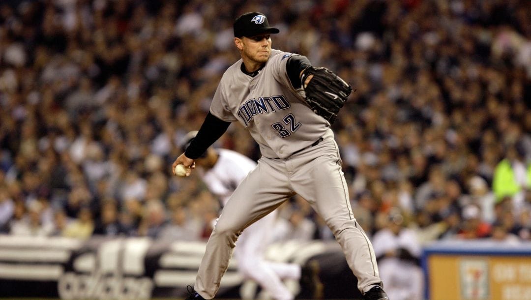 Toronto Blue Jays pitcher Roy Halladay in their opening day baseball game against the Toronto Blue Jays at Yankee Stadium.