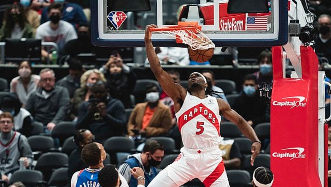 Precious Achiuwa with the Toronto Raptors during a 2021 game in Washington, D.C.