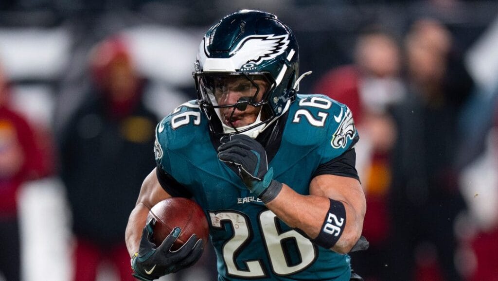 Philadelphia Eagles running back Saquon Barkley (26) in action during the NFL championship playoff football game against the Washington Commanders, Sunday, Jan. 26, 2025, in Philadelphia.