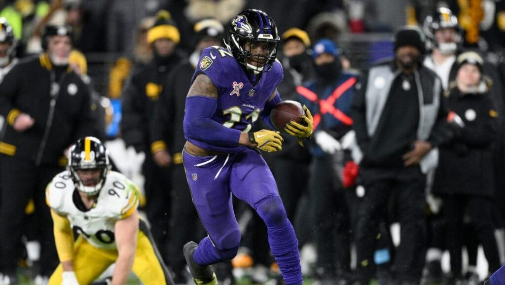 Baltimore Ravens running back Derrick Henry (22) in action during the second half of an NFL football game against the Pittsburgh Steelers, Saturday, Dec. 21, 2024, in Baltimore.