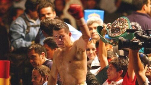 Mexico's Julio Cesar Chavez, celebrates his victory on May 22, 2004 at Plaza Monumental, the world's largest bull-fighting ring.