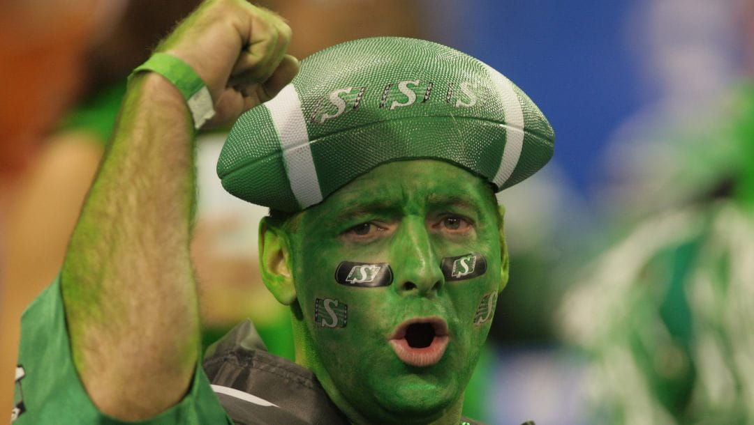 A Saskatchewan Roughriders fan shows his support for the team prior to the start of the 95th Canadian Football League Grey Cup game against the Winnipeg Blue Bombers in Toronto Sunday, Nov. 25, 2007.